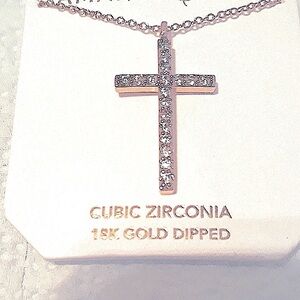 Gold plated Crystal Cross Pendant Necklace Cubic Zirconia 18"-20” NEW